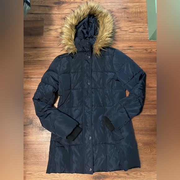 Tommy Hilfiger Navy Blue Faux Fur Hood Puffer Winter Jacket Coat XS Extra Small - Picture 3 of 11